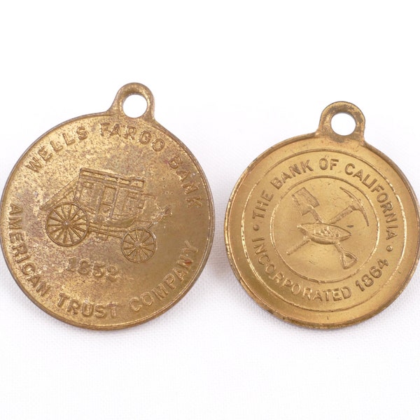 Lot of 2 Vintage Brass Bank Key Fobs - Wells Fargo and Bank of California - Original Bank Advertising Fob Tokens