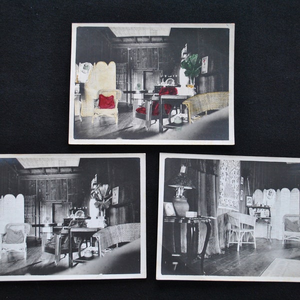Antique 1900's Home Interior Photographs - One Hand Colored - Original Black and White Photos - 4 1/4" x 3 1/4" - Group of 3