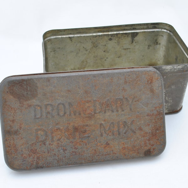 Antique 1930's Dromedary Dixie Mix Tin - Southern Fruitcake Tin - Primitive - Rustic - Distressed Metal Tin Box - Heavy Patina