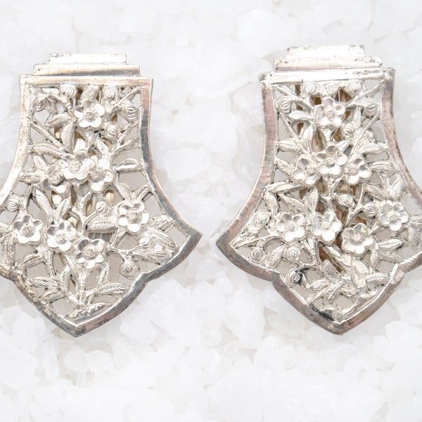 Antique c.1930's Set of Silver Floral Shoe Clips - Silver Indochina - Floral Filigree Cutwork