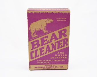Vintage Bear Cleaner Empty Box - 1940s Kitchen Household Cleaner - Purple Box - Empty Display Box - Never Perforated