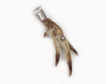 Antique c.1900s Scottish Grouse Claw Kilt Pin with Silver Mount and Traditional Thistle Engraving - Edwardian Good Luck Pin - Real Bird Foot