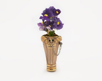 Vintage Fresh Flower Posy Holder Brooch - Brass Holder Vase with Guard Chain & Water Vial - Made in USA