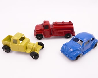 Lot of 3 Vintage 1960's Tootsietoy Die Cast Metal Cars - Fire Truck, Hot Rod, VW Beetle