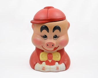 Vintage 1940's Paddy Pig Ceramic Cookie Jar - Cookie Canister - Boy Pig with Cap & Bowtie Licking His Lips - Collectibles - Scarce