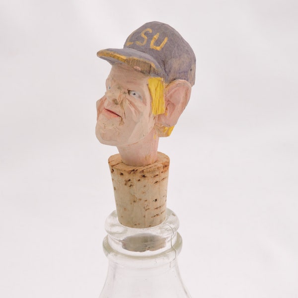 Vintage Louisiana State University Hand Carved Baseball Player Bottle Stopper - Carved Wood Bottle Cork - College Baseball