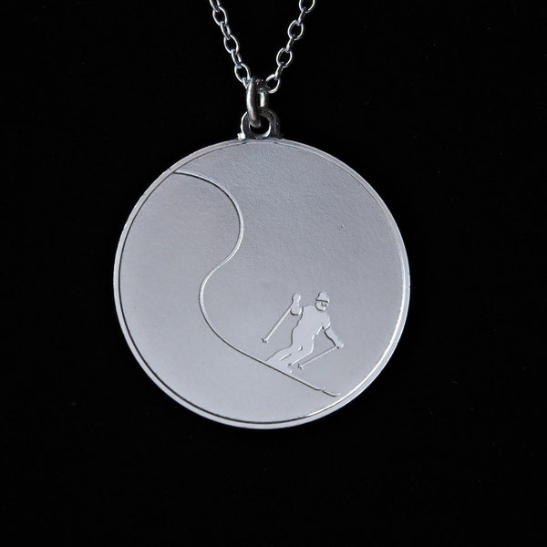 Vintage 1979 Franklin Mint Snow Skier Pendant Necklace - Sterling Silver Matte Finish - 1 1/4" Disk Pendant w/ Sterling Chain