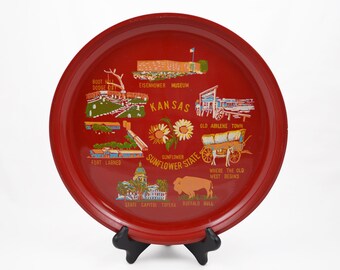 Vintage Kansas Sunflower State Red Lacquer Souvenir Tray - Eisenhower Museum - Old Abilene Town - Buffalo Bill - Fort Larned - Boot Hill