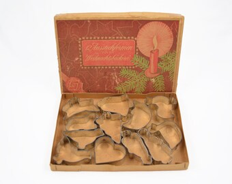 Antique 1930s Ausstechformen German Cookie Cutters - Complete Boxed Set of 12 in Original Box - Weihnachtsbakerei