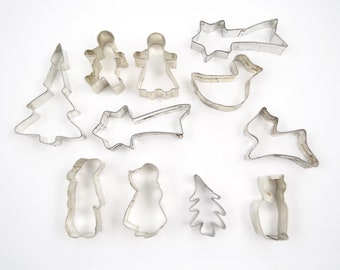 Vintage 11 Piece Lot of Miniature Cookie Cutters Dutch Boy Girl Gingerbread Boy Girl - Shooting Stars Cat Reindeer Duck - Germany & Foose