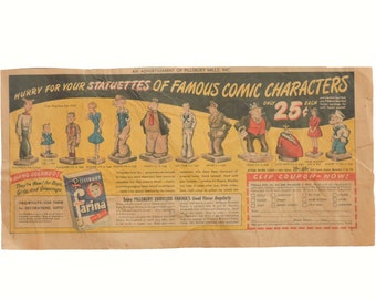Antique 1940's Pillsbury Mills Comic Character Statuettes Advertising Page - Rare Newspaper Ad Sheet Order Form - KFS Syroco Wood Figurines
