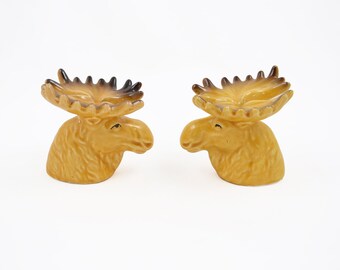 Vintage Moose Head Salt and Pepper Shakers - Glazed Ceramic - Lodge Cabin Woodlands Decor - With Original Stoppers