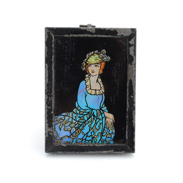Antique c.1920s Butterfly Wing Art Miniature Framed Portrait - Young Woman Painted Image - Made in England