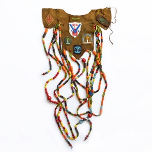 Vintage 1950s Camp Fire Girls Suede Ceremonial Collar Piece with Emblem Patches and 400+ Wooden Beads