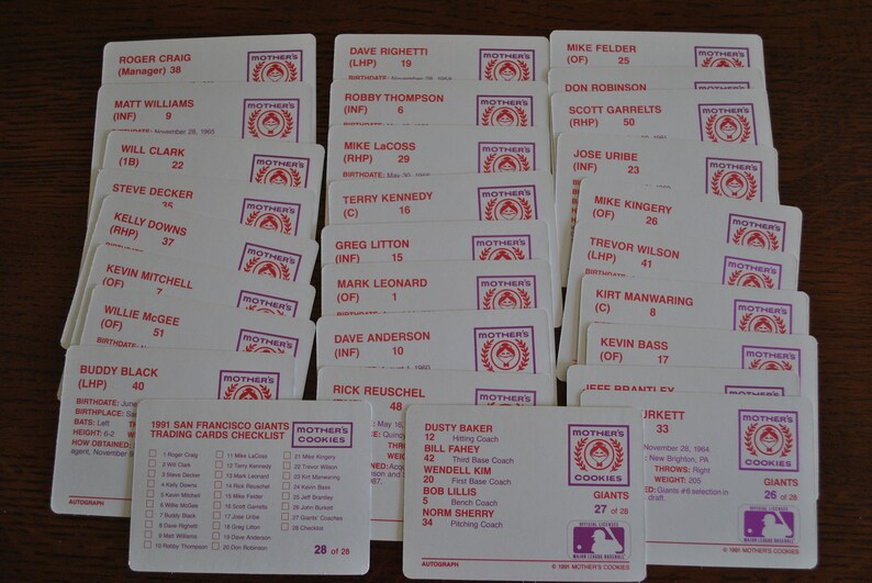 Complete Team Set of 28 Cards Vintage 1991 Mother/'s Cookies San Francisco Giants Baseball Cards Souvenir Stadium Giveaway Cards