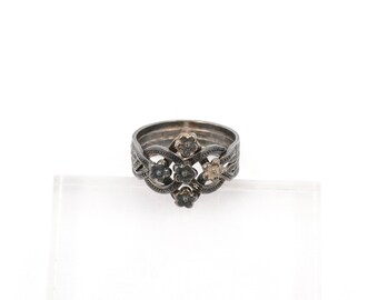 Antique 1900s Chinese Silver Puzzle Ring - 4 Band Floral Overlapping Ring - Size 9