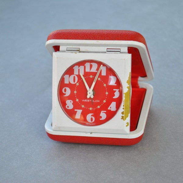 Vintage 1960's Modern Red & White Westclox Folding Travel Clock