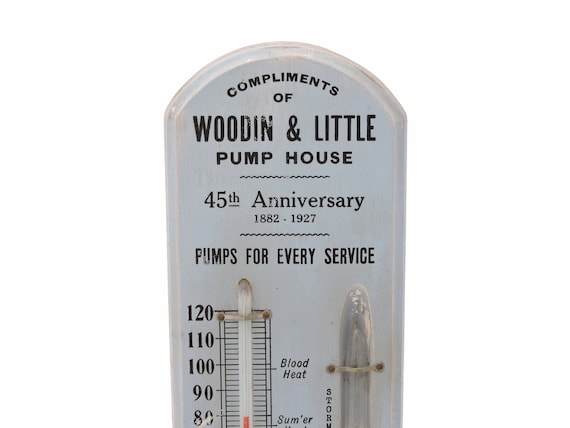 Antique 1920's Advertising Thermometer and Barometer Wooden & Little Pump  House of San Francisco, CA 12 Wall Hanging Thermometer 