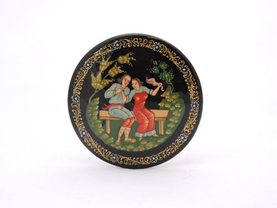 Vintage Russian Black Lacquer Brooch Handpainted … - image 4