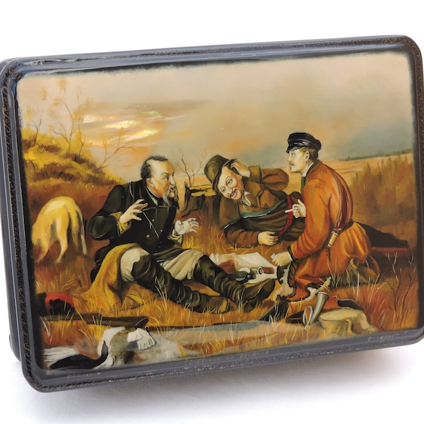 Vintage Russian Lacquer Hand Painted Box "Hunters at Rest" - Fedoskino Lacquerware