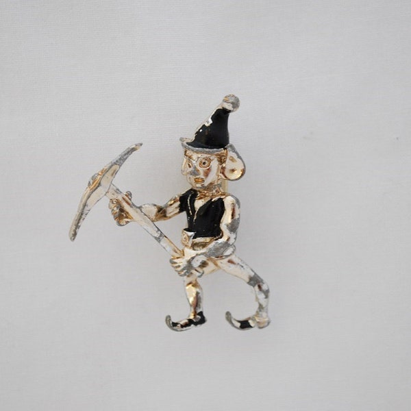 Vintage 1940's Pixie Elf Gnome with Pick Axe Brooch - Miner Elf - Chippy Paint - Distressed - Gold Tone and Black Enamel - 2" Size