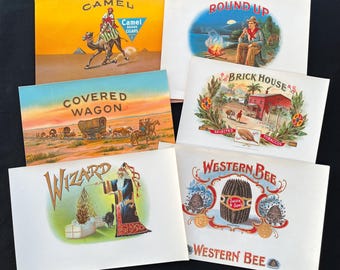 Lot of 6 Vintage c1920s to 1930s Cigar Box Labels - Western Scenes, Travel, and Adventure