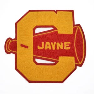 Vintage 1960s Large Chenille Block Letter Cheerleader Megaphone Patch - Jayne Cheerleader Patch - Red and Gold Block Letter Patch