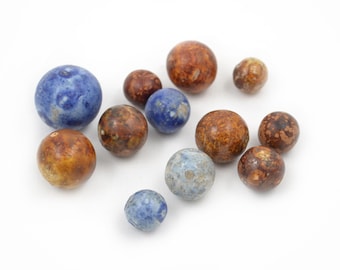 Lot of 12 Antique Bennington Marbles - Regular Size and Shooters - Blue and Brown Glazed Clay Marbles