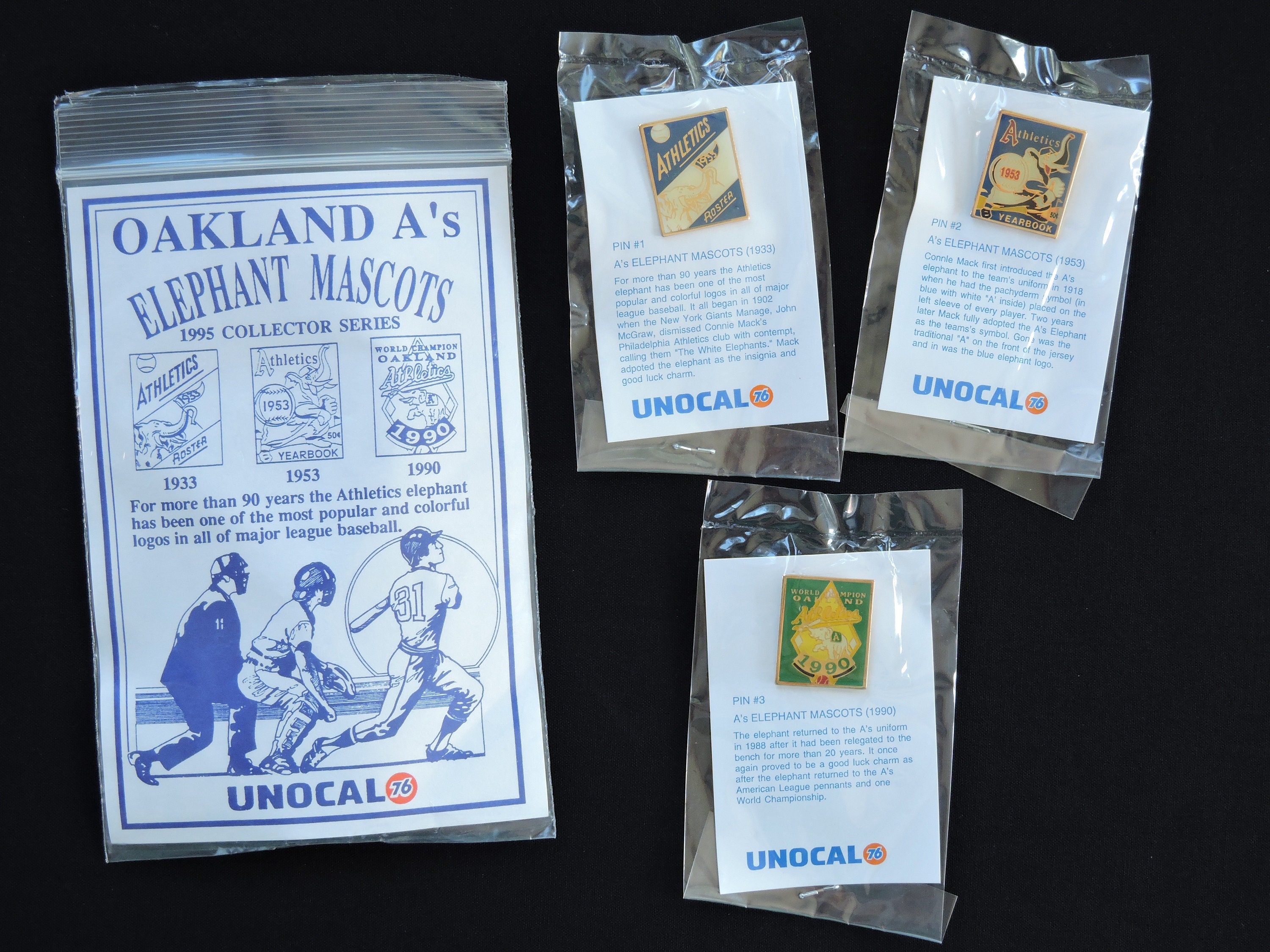 Vintage 1995 Oakland Athletics Unocal 76 Station Pin Set 