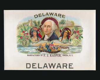 Vintage c1900s Delaware Cigar Box Label - President George Washington - F.J. Kasper Cigars