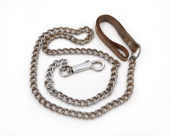 Vintage 1950s Metal Chain Dog Leash - 47" Length with Leather Wrist Strap Medium Weight Chain - Made in Japan