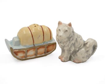 Vintage Husky Dog Sled Salt and Pepper Shakers - Hand Painted Ceramic Gold Accents
