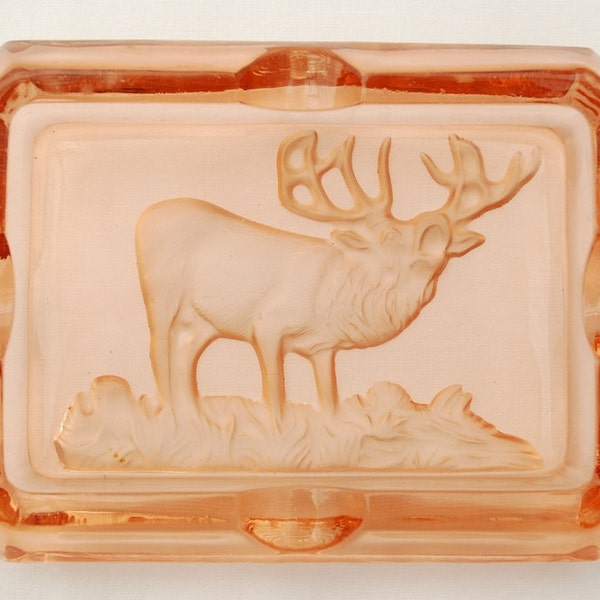 Vintage 1930's Elk - Deer - Pink Depression Glass Cigar Ashtray - Intaglio Cut Glass - Woodland Lodge Decor