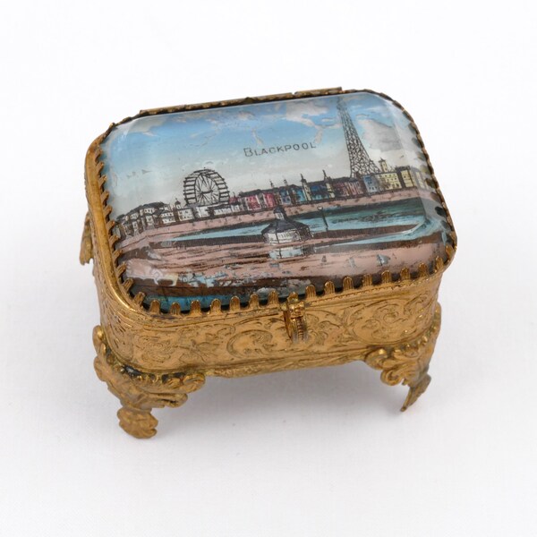 Antique c1910s Blackpool Pier Souvenir Footed Trinket Box - Gilt Jewelry Casket with Beveled Glass Top - Blackpool, England