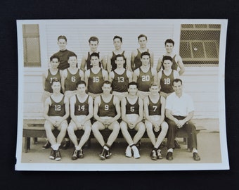 Antique 1940's Boys Basketball Team Photo - Original Vintage Snapshot Photograph - Sepia Team Photo