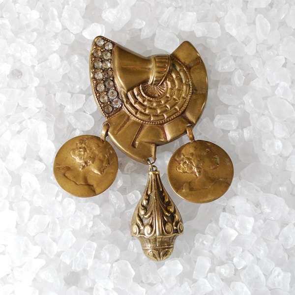 Vintage 1930's Kirschenbaum NYC Brass Grecian Theme Brooch - Rhinestone Studded Dangling Medallions