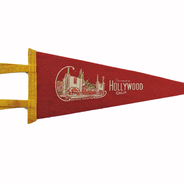 Vintage Hollywood California 1950's Travel Souvenir Pennant - 15" Red Felt Pennant - Grauman's Chinese Theater - Scarce