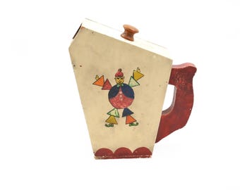 Vintage Wood Laundry Soap Flake Detergent Storage Shaker Box - Hand Painted Whimsical Folk Art Jester Figures - 1930s - 1940s