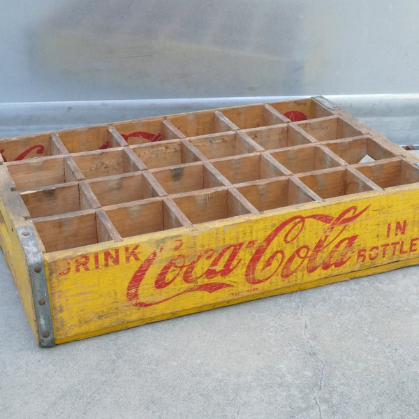 Vintage 1961 Coca Cola Wooden Bottle Crate - Soda Bottle Carrier - Yellow with Red Text - Made in Dallas, Texas