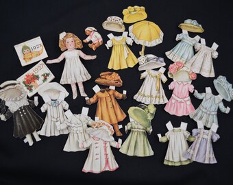 Antique 1920's Paper Dolls Collection - Dolly and Teddy with 14 Dresses and Accessories - Parasol - Hats - 1927 Calendars - Scrapbooking Art