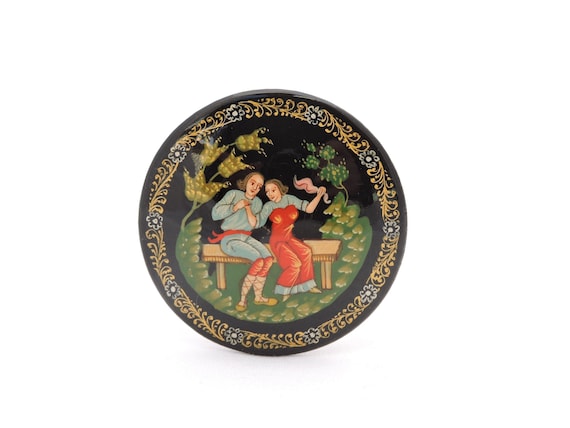 Vintage Russian Black Lacquer Brooch Handpainted … - image 1