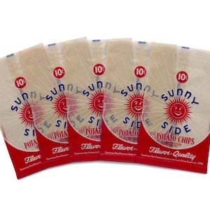 May include: Five vintage-style bags of Sunny Side Potato Chips. Each bag features a red and white design with a smiling sun graphic and the text "Sunny Side Potato Chips". The bags are labeled "Flavor-Quality".