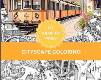 Cityscapes Coloring Book | 50 Printable Pages | Realistic Line Art PDF Digital Download