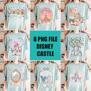 May include: A collection of light teal t-shirts featuring various Disney castle designs. The designs include images of the Eiffel Tower, Minnie Mouse, and the Disney castle. The text "8 PNG FILE DISNEY CASTLE" is in the center.