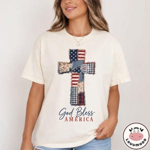 Patchwork 4Th Of July Cross Shirt, God Bless America Shirt, American Flag, Christian Shirt, Patriotic Tee (Print Only — Not Real Patchwork)