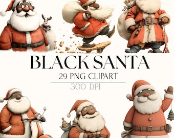 May include: Digital clipart set featuring illustrations of Black Santa Claus in various poses. Santa is depicted in a red suit with a white beard and hat. The text "BLACK SANTA" is displayed prominently.