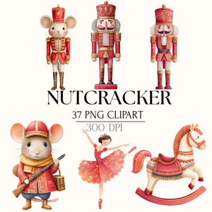 Könnte beinhalten: Aquarell-Clipart-Set mit einer Maus in roter Uniform, Nussknackern, einer Ballerina und einem Schaukelpferd. Der Text "NUTCRACKER", "37 PNG CLIPART" und "300 DPI" sind zu sehen. Die Illustrationen sind in Rot, Weiß und Gold gehalten.