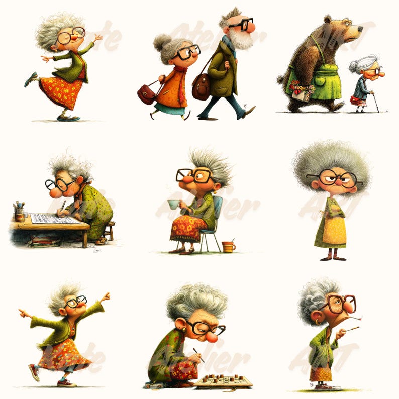 Quirky Grandma Clipart PNG Set | Whimsical | Funny Grandma Art ...