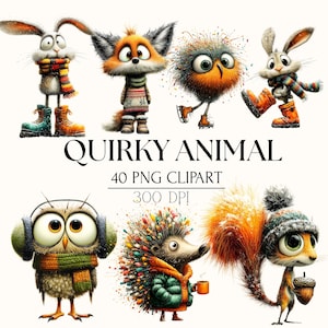 Puede incluir: Colección de ilustraciones de animales caprichosos, incluyendo un zorro, un búho, un erizo, una ardilla y conejos. Cada personaje lleva ropa de invierno, como bufandas, gorros y botas. Se muestra el texto "QUIRKY ANIMAL" y "40 PNG CLIPART 300 DPI".