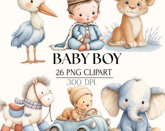 26 Cute Baby Boy Clipart Bundle - Baby Shower, Whimsical Watercolor, Scrapbooking, Junk Journal, Commercial Use